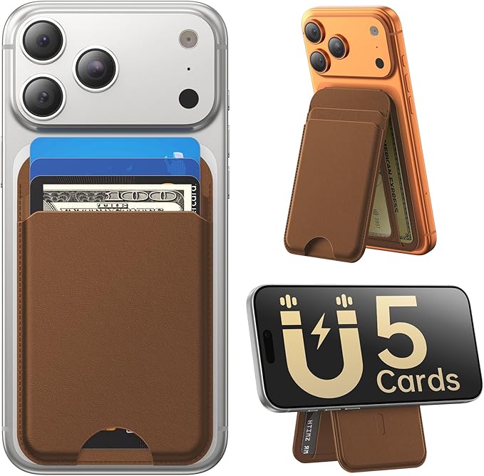 for MagSafe Wallet with Stand, 5 Card Holder, Slim Leather Magnetic Wallet for iPhone 17/16/15/14/13/12 Pro Max Plus Air Series, 3 Card Slots & 1 Cash Slot,Coffee