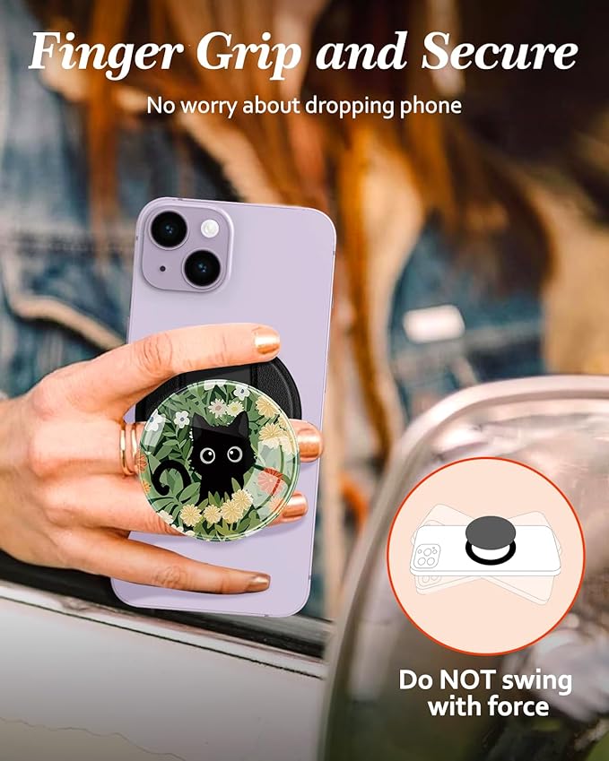 Kidcube Magnetic Phone Grip Compatible with Magsafe - Cell Phone Grip Stand Ring Holder Magnet Kickstand Removable Accessories for iPhone 16 Pro Max/16/15/14/13/12 Series Cute Kawaii Flowers Cat