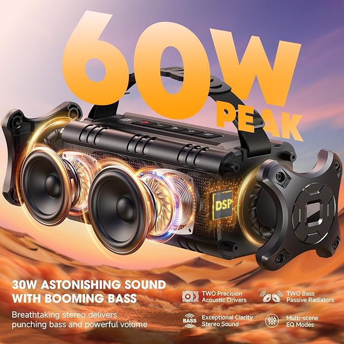 W-KING Portable Bluetooth Speakers Wireless, (60W Peak) 30W RMS IPX6 Waterproof Outdoor Loud Speaker Boombox, 24H, EQ, AUX, TF Card, USB Playback, Powerful Bass Speaker for Home, Party, Camping, Pool
