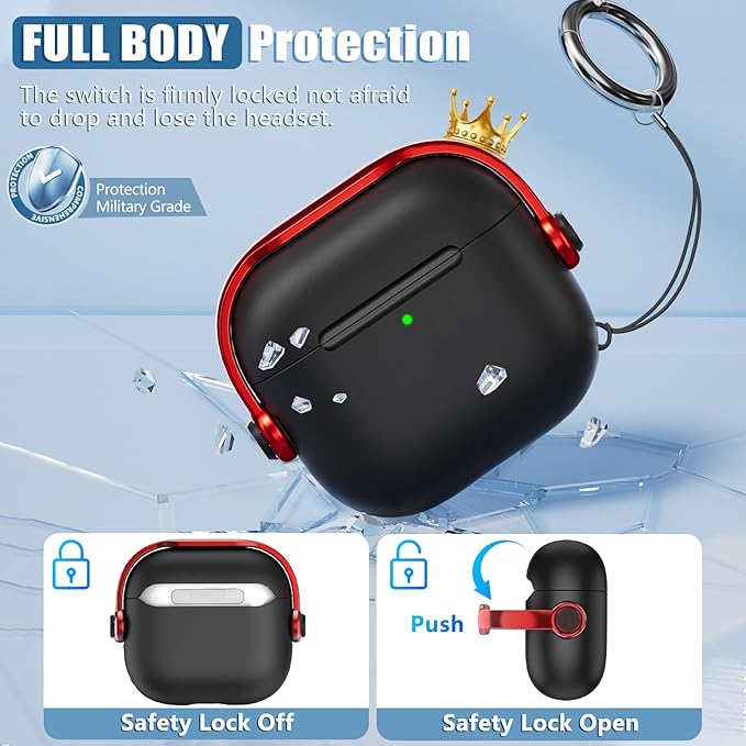 for Airpods 4 Case Cover,Compatible with Airpod Case 4th Generation,Have Phone Holder Function with Lock Protective Hard Shell,with Cleaner Kitand Keychain,for Men Woman (Black Red)