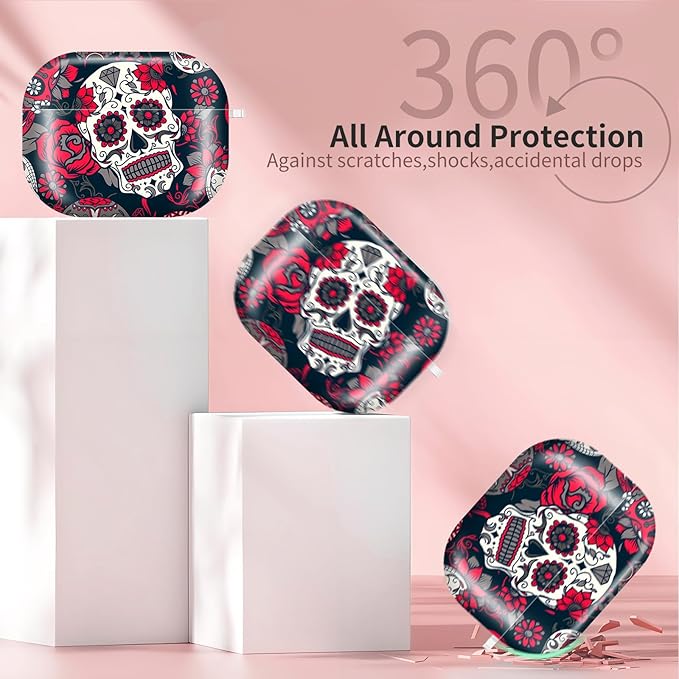 AirPod Pro 3 (2025) Case Cover for Women, Cute Shockproof TPU Protective Case with Gold Round Buckle, Anti-Drop Design Cute Red Skull