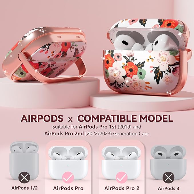 Inesore for AirPods Pro 2nd Generation Case Cover with Lock, Flowers Cute Air Pods Pro 2 Case Hard iPod Pro Cases for Women Girls with Cleaner Kit (2023 USB-C /2022/2019) -Black Gold Flower