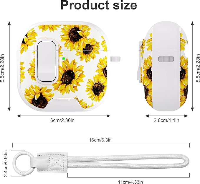 for AirPods 4 Case with Secure Lock Clip in Phone Stand,Floral Girly Style Protective Cover with Cleaning Kit and Hand Strap for Apple AirPod 4 Generation (White Sunflower)