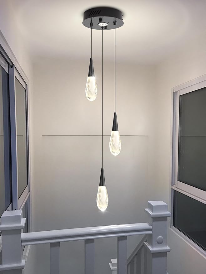 3-Lights Crystal Pendant Light Kitchen Islan Black Hanging Chandelier Teardrop Crystal Pendant Light Fixture for Dining Room, Living Room,Kitchen lsland, Foyer