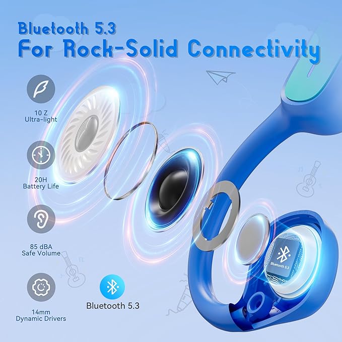 Kids Bluetooth Headphones, Wireless Kids Earbuds with 85dB Volume Limit, Bluetooth5.3, Air Conduction Open-Ear Headphones, 20-Hour Playtime, with Built-in Mic for Toddlers, Boys and Girl (Blue)