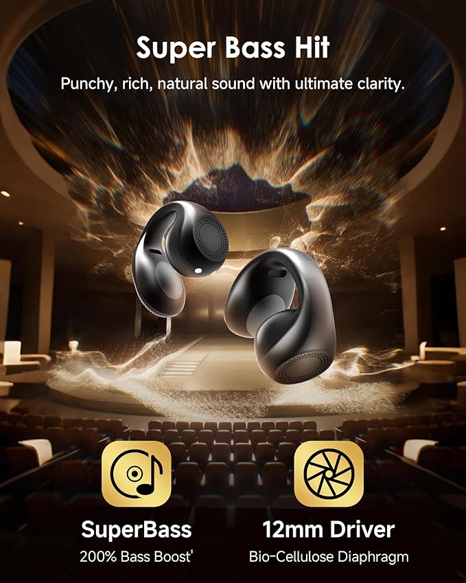King Lucky Clip-On Earbuds,Comfort Air Cushion Open Ear Earbuds Wireless Bluetooth 5.4 Multipoint, Open Ear Headphones with Mic,Anti-Mistouch,45H Playtime,IP56 Waterproof for Sports,Small Ears&Sleep