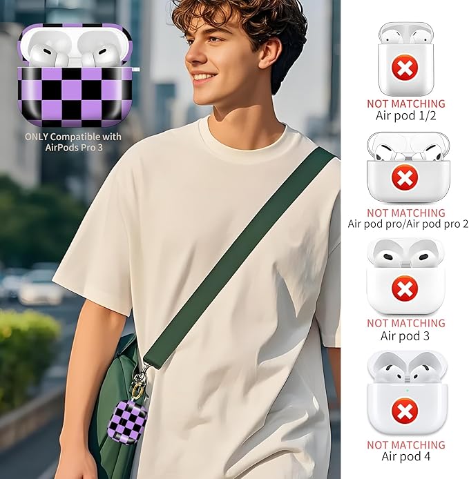 Compatible with AirPods Pro 3rd Generation 2025 Case Cover with Gold Keychain - Cute Protective Hard AirPod Pro 3 Cases for Women - Purple Black checkboard