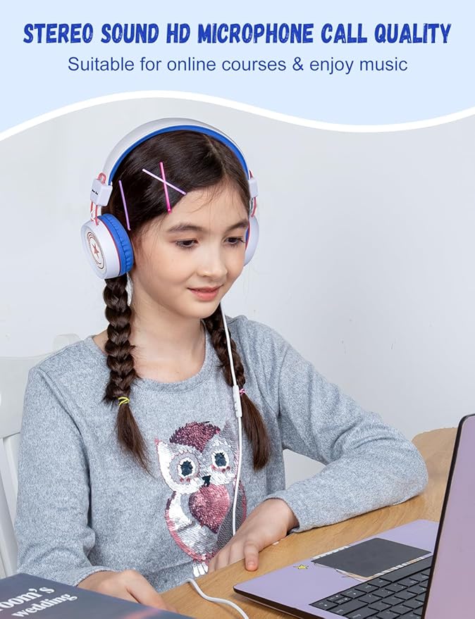 New Bee Kids Headphones for School with Microphone KH20 HD Stereo Safe Volume Limited 85dB/94dB Foldable Lightweight On-Ear Headphone for boy Mac/Android/Kindle/Tablet/Pad