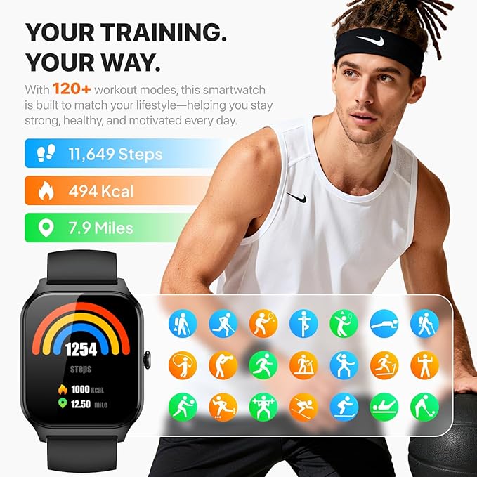 Smart Watch for Women Men,(Answer/Make Call) 1.83'' Fitness Activity Tracker Smartwatch for Android iPhone iOS Compatible,IP68 Waterproof Step Counter Watch with Sleep Monitor, 2 Traps