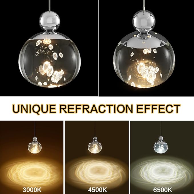 Modern Pendant Lighting ,6W Dimmable LED Chandelier with Remote, Updated Acrylic Housing and Bubble Kitchen Light for Kitchen,Dining Room,Living Room,Corridor and Bar, 3000-6500K (Nickel D4.7inch )