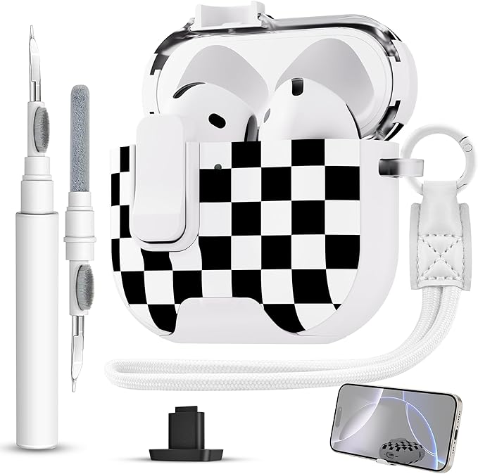 for AirPods 4 Case with Secure Lock Clip in Phone Stand,Floral Girly Style Protective Cover with Cleaning Kit and Hand Strap for Apple AirPod 4 Generation (Black White Squares)