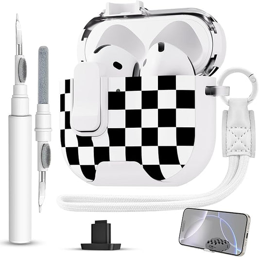 for AirPods 4 Case with Secure Lock Clip in Phone Stand,Floral Girly Style Protective Cover with Cleaning Kit and Hand Strap for Apple AirPod 4 Generation (Black White Squares)
