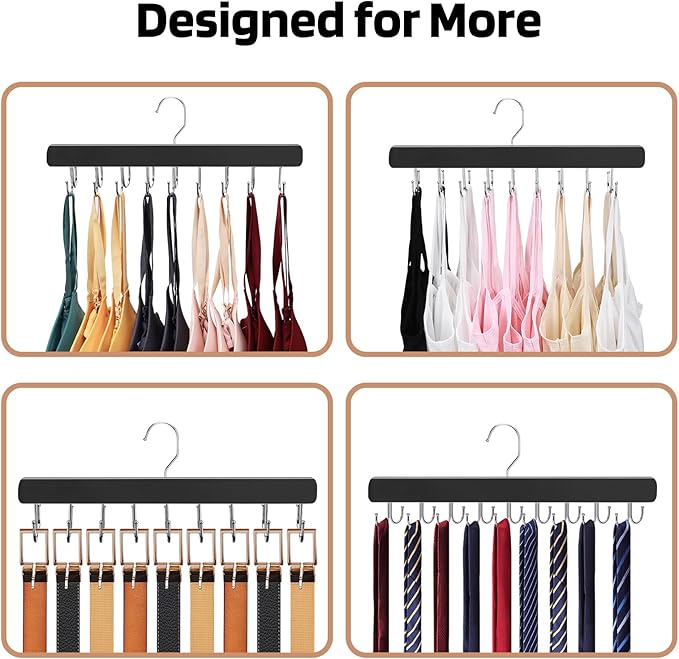 2 Pack Bra Hanger for Closet Organizer, Premium Wooden Tank Top Hangers with 40 Foldable Hooks, 360° Rotating Design, Space Saving Storage for Tank Tops, Bras, Scarves and More, Black
