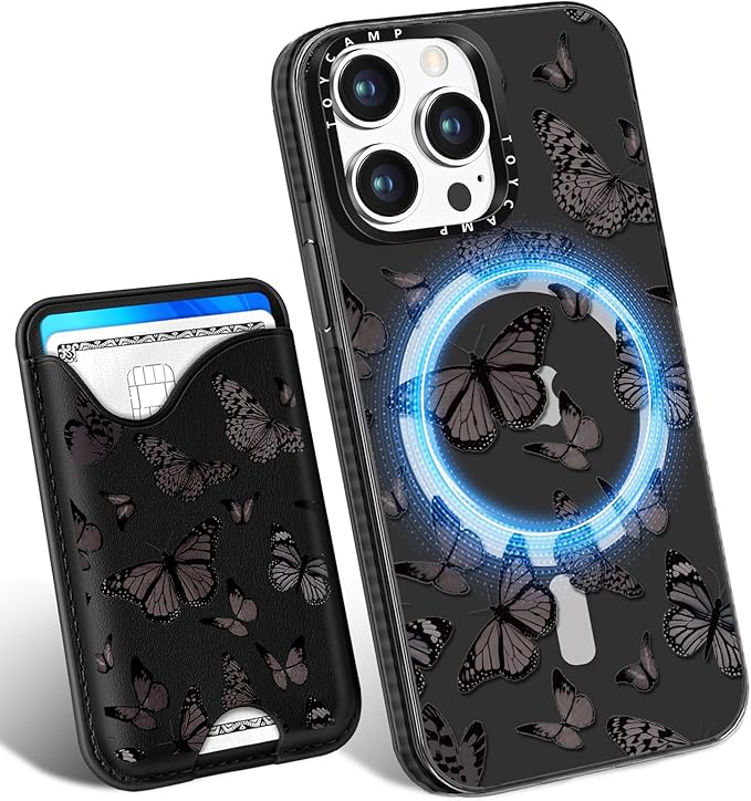 Toycamp for iPhone 14 Pro Max Case - Compatible with Magsafe Credit Card Holder Wallet Magnetic Cute Women Teen Girls Kawaii Girly Unique Black Butterfly Design Phone Cover for iPhone 14 Promax