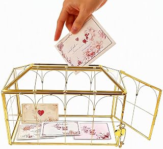 ZMG Glass Card Box House Shape Gold Frame Heart Lock Slot Wedding - Image 1