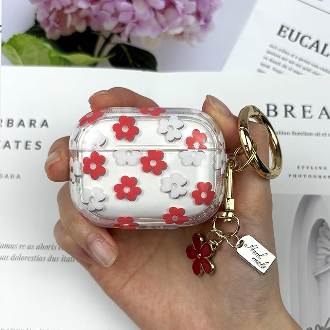Compatible with AirPods Pro 2 Case Cover 2022, Soft TPU with Cute Flower Pattern for AirPods Pro 2nd/1st Generation Case with Flower Keychain and Carabiner for Girls Women (Red)