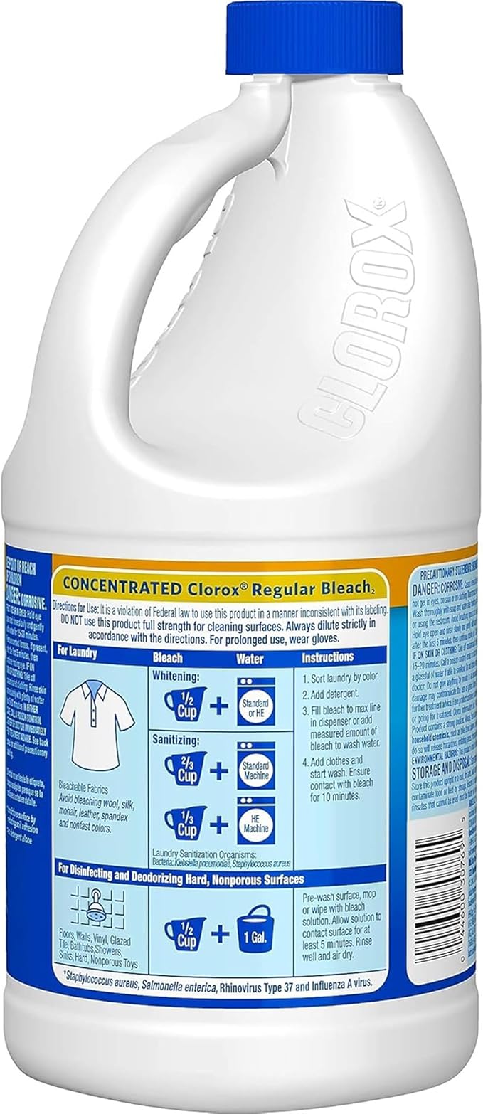 Clorox Bleach Cleaner, 2 Pack Original Concentrated Bleach, Easy Pour Bottle with Handle, Moldand Mildew Remover, Removes Stains and Whitens, 43 oz Each