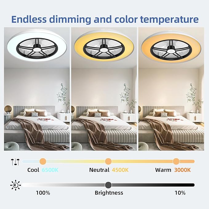 BAYSQUIRREL Bluetooth Bladeless Ceiling Fan with Speaker, Low Profile Ceiling Fan with Light and Remote/APP Control,6 Speeds Reversible 3 Color LED Dimmable Flush Mount Ceiling Fans for Bedroom