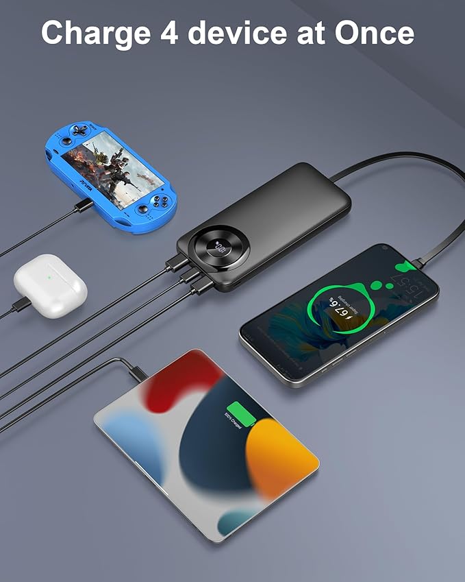 Portable Charger 10000mAh Power Bank Fast Charging with Built-in Cable Slim Battery Pack