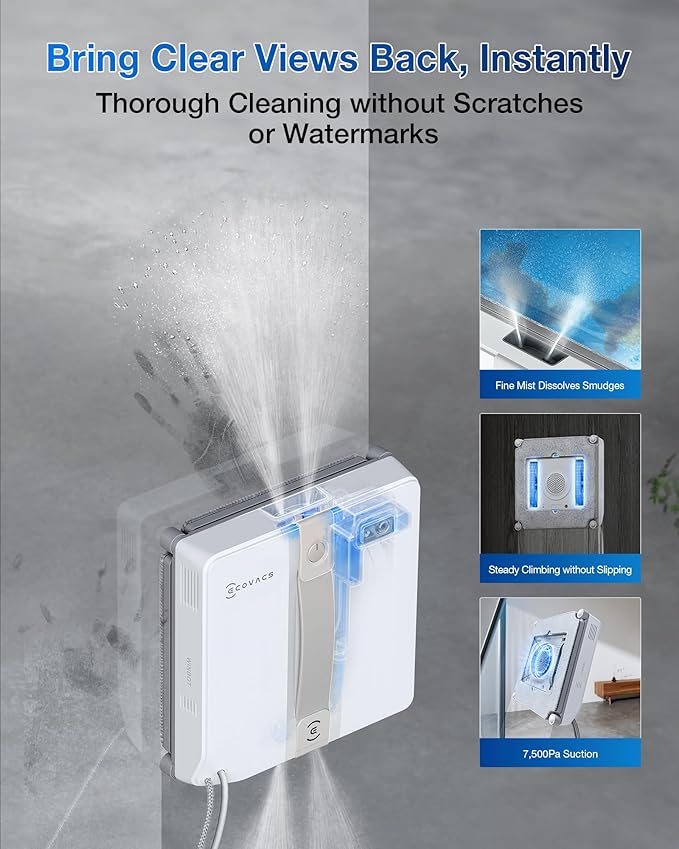 ECOVACS WINBOT Mini Window Cleaning Robot - Compact Design, Dual Nozzles with Ultrasonic Spray, 9-Stage Protection System, Intelligent Path Planning, 3 Cleaning Modes, Anti-Slipping System