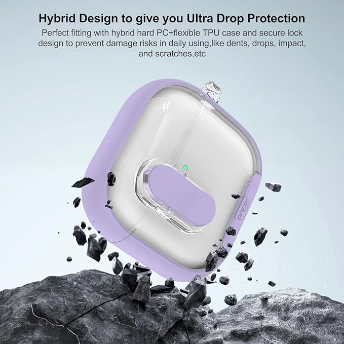 for Airpods 4 Case Clear,Secure Lock for Airpods 4th Generation Case Cover with Phone Stand and Magsafe Function,Auto Pop-up,Hybrid Protection Design with Carabiner&Cleaning Pen-Purple