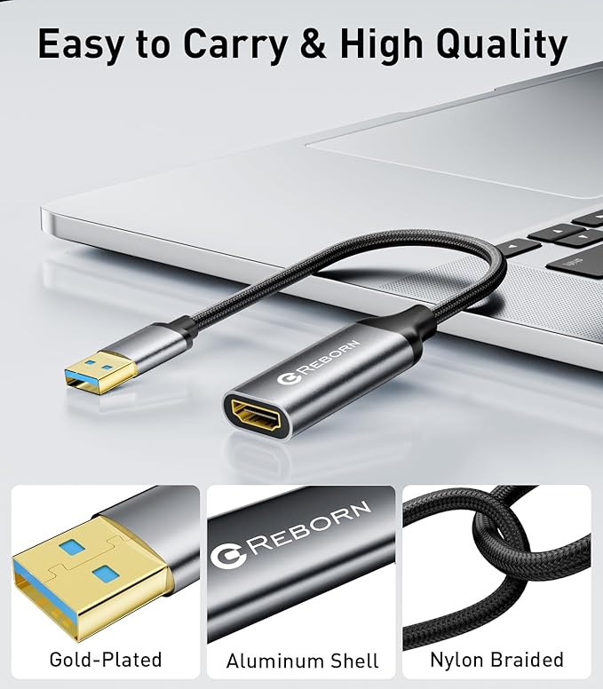 Reborn USB to HDMI Adapter, 1080P@60Hz USB 3.0 Male to HDMI Female Multi-Display Cable Converter Suitable for Macos Windows 7/8/10/11 - Driver Installation is Required
