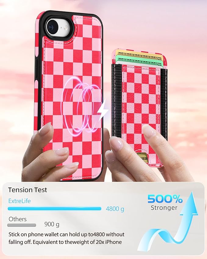 Shorogyt for iPhone 17e/16e Wallet Case - Fits 5 Cards, Compatible with Magsafe Detachable Magnetic Credit Card Holder Leather Cardholder Cute Phone Cover Women Girls for Apple 17e/16e, Checkered