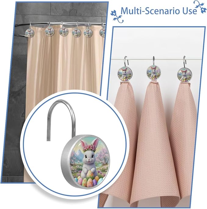 Bunny Rabbit and Easter Eggs Shower Curtain Hooks 12Pcs, Decorative Rust Resistant Shower Rings for Shower Curtain Rods, Stainless Steel Round Curtain Hooks for Bathroom, Bedroom, Farmhouse