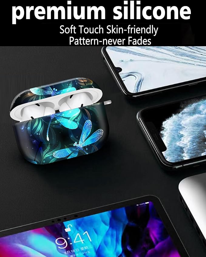 Compatible with Airpod pro 2nd/1st Generation Case Cover with Gold Round Keychain Cute Pattern Hard & Anti Slip Cover for Men Women & Girls(Cute Dragonfly)