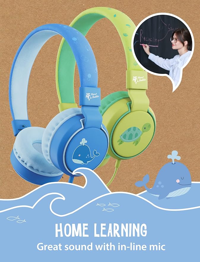 Planet Buddies Whale Kids Headphones Wired, On Ear Headphones for Todler, 85db Volume Limited, Safe Foldable Earphones for Kids with Microphone, Childrens Headset for School/Tablet/Travel - Blue