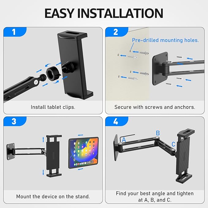 Urmust Tablet Wall Mount Holder for iPad, 360°Rotation Adjustable Tablet Stand Holder with Aluminum Extendable Arm, for iPad mini/Air/Pro/Galaxy Tab/Kindle, All 4.7-13" Phones & Tablets