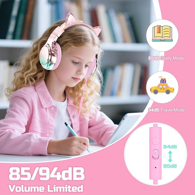 QearFun Kids Cat Ear Headphones Wired with Mic, 85/94dB Safe Volume Limit, Sparkly Wired Headset, Foldable, Sharing Port & Tangle-Free Cord for School, Chromebook, Tablet, Travel, Boys & Girls