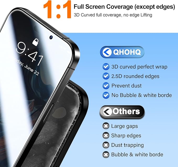 QHOHQ [1-Second Auto-Install] 3 Pack Privacy Screen Protector for iPhone 17 + 1 Set Camera Lens Protector, 25° Anti Spy Tempered Glass, [12FT Military Grade Shatterproof], Case Friendly