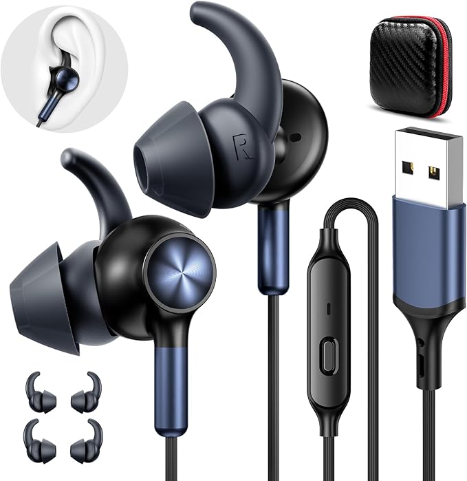 APETOO Wired Earbuds USB Computer Headphones with Anti-Fall/Hurt Wingtips for PC/Laptop/PS5 4 - Mute Mic, 7.1 Surround Sound, 7.5ft Noise Canceling in-Ear Type A Headset for Men/Women/Small Ear/Indoor