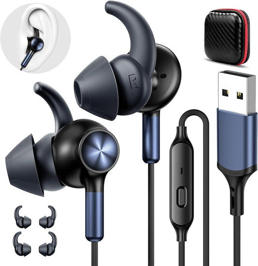 APETOO Wired Earbuds USB Computer Headphones with Anti-Fall/Hurt Wingtips for PC/Laptop/PS5 4 - Mute Mic, 7.1 Surround Sound, 7.5ft Noise Canceling in-Ear Type A Headset for Men/Women/Small Ear/Indoor