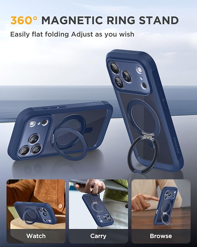 Miracase for iPhone 17 Pro Max Case with 360° Magnetic Ring Stand [Compatible with Magsafe] Full-Body Drop Proof Bumper Phone Case with Built-in 11H Tempered Glass Screen Protector,Blue