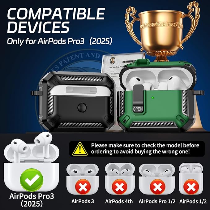 for AirPods Pro 3 Case (2025 New), Secure Lock Cases Cover with Cleaning Kit & Keychain Compatible with Airpods Pro 3rd Generation Case for Men Women, Powerful Drop Protection