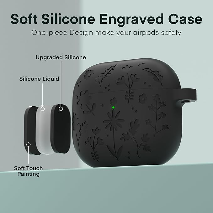 Maxjoy for AirPods 4 Case, Engraved Silicone Cute AirPod 4 Case for Women Men Protective iPod 4 Cover with Keychain Cleaning Kit for AirPod 4th Generation Cover 2024, Grey
