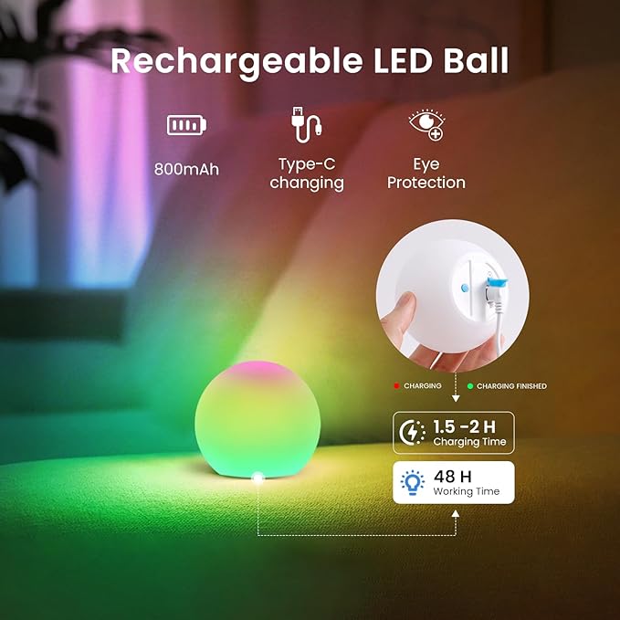 LOFTEK 3-inch Smart Sphere Night Light, Multi-Color Rechargeable Ball Lights, RGB Mood Lighting, Waterproof Ambient Light for Home Bedroom Patio Pool Decorative Lighting, Halloween, Xmas Gift, 1 Pack