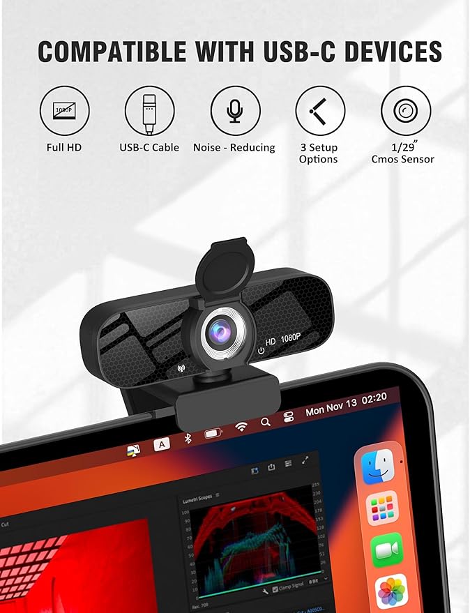 USB HD Webcam with Built-in Microphone and Rotatable Tripod, 1080P Video, Wide Angle Camera, Privacy Cover, for Desktop PC or Laptop Computer（Black）
