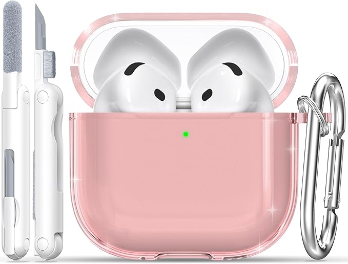 RFUNGUANGO AirPods 4 Case Clear, Soft TPU Transparent with Cleaning Kit & Keychain, Compatible with Magsafe, Compatible Apple AirPods 4 (2025) Generation Protective Case, Pink