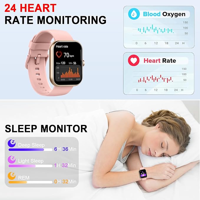 Smart Watch (Answer/Make Calls), 1.96"HD Smartwatch for Women Men, 2025 Activity Tracker with Heart Rate Monitor, Sleep Trackers, Pedometer, IP68 Waterproof, Fitness Watch for Android iOS Pink