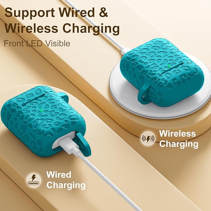 Leropard Engraved for AirPods Case Cover, Cute Soft Silicone Protector with Keychain Compatible with Airpods 2nd/1st Generation,Front LED Visible,Teal