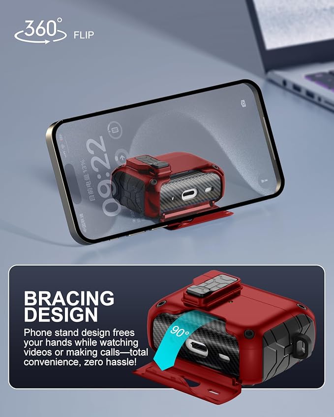 Lerobo for AirPods Pro 2 Case with Phone Stand, Hard Protective Cover with Cleaner Kit Compatible with Magsafe for AirPod Pro Case Cover, Magnetic Automatic Lock,Drop Protection, Wireless Charging,Red