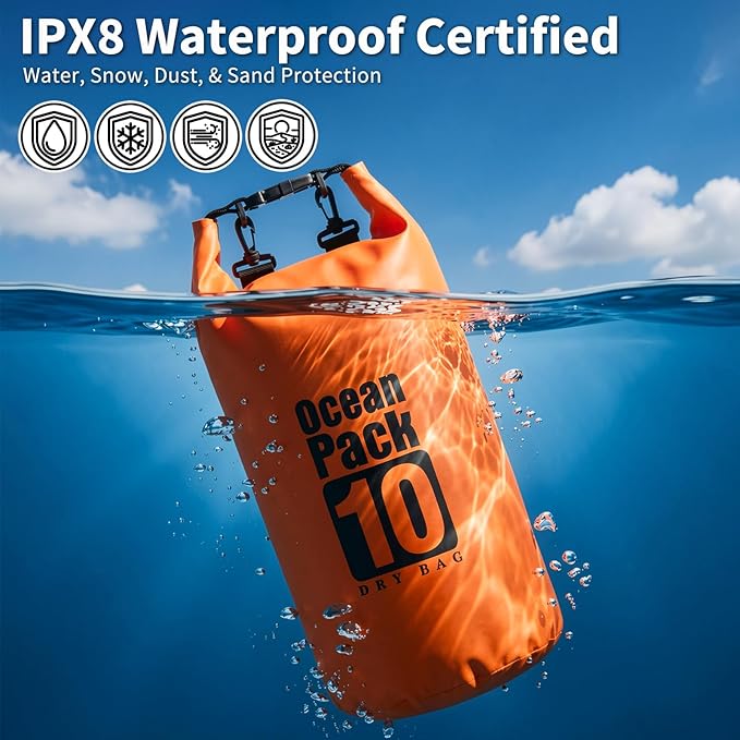 kullder Waterproof Backpack 10L, Roll Top Closure Water Proof Dry Bag Orange, Lightweight Floating Dry Bag for Kayaking Boating, Durable Hiking Backpack with IPX8 Waterproof Phone Pouch-Black, 7"