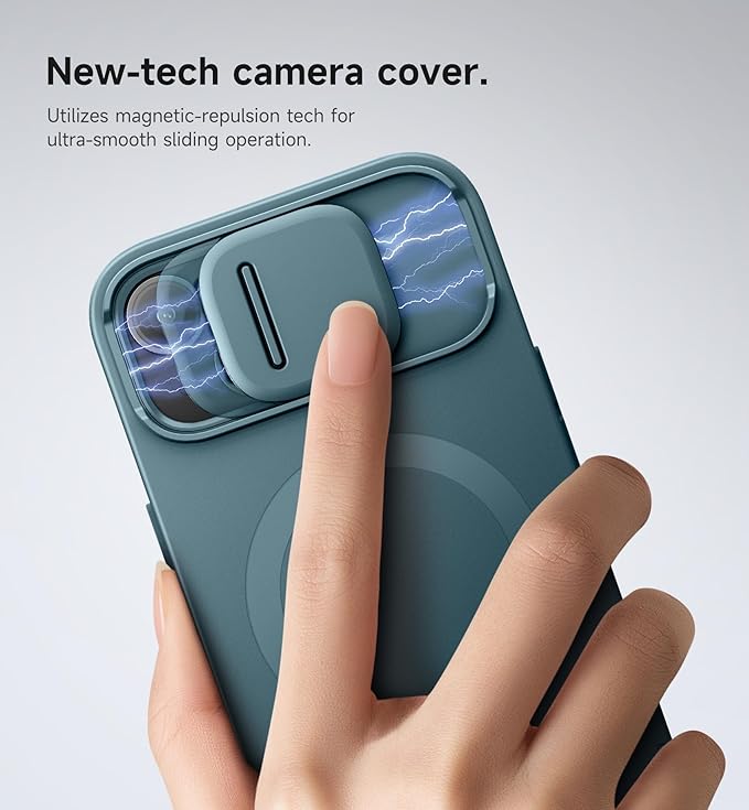 SURITCH for iPhone 15 Case with Magnetic Camera Slide Cover and Adjustable Kickstand, Compatible with MagSafe, Shockproof Bumper Case Slim Protective Cover 6.1 Inch, Lake Green