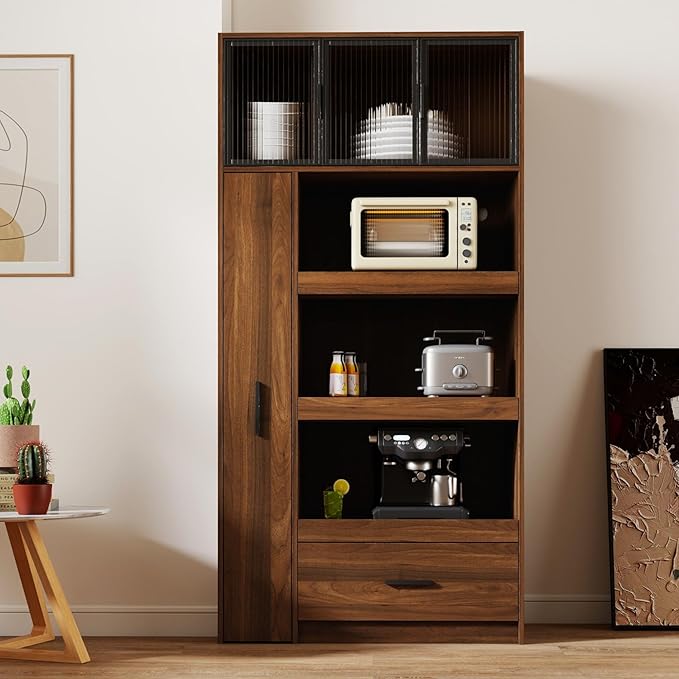 KEIKI 70.87" Tall Kitchen Pantry Storage Cabinet with Multi-Functional Pull-Out Shelf, Drawers, Glass Doors & Microwave Stand, Wood Hutch Food Pantries Cupboard for Coffee Bar, Dining Room
