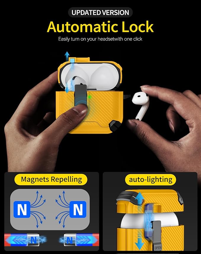 Compatible with AirPods 4 Case,Magnetic Automatic Lock with Phone Stand & Cleaning Kit,Compatible with Magsafe,Carbon Fiber Texture Cover -Yellow
