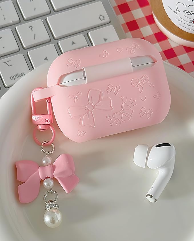 for AirPods Pro 2 Case Cover with Bow Keychain, DamonLight Cute Flower Floral Engraved Silicone Protective Case Cover Compatible with Apple Airpods Pro 2 Case for Women and Girls, Pink