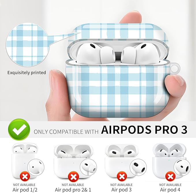 Compatible with AirPod Pro 3 (2025),Cute Case Cover for Women & Men, Full Protection Shockproof Hard Case with Keychain, Wireless Charging Case Accessories(Blue Gingham)